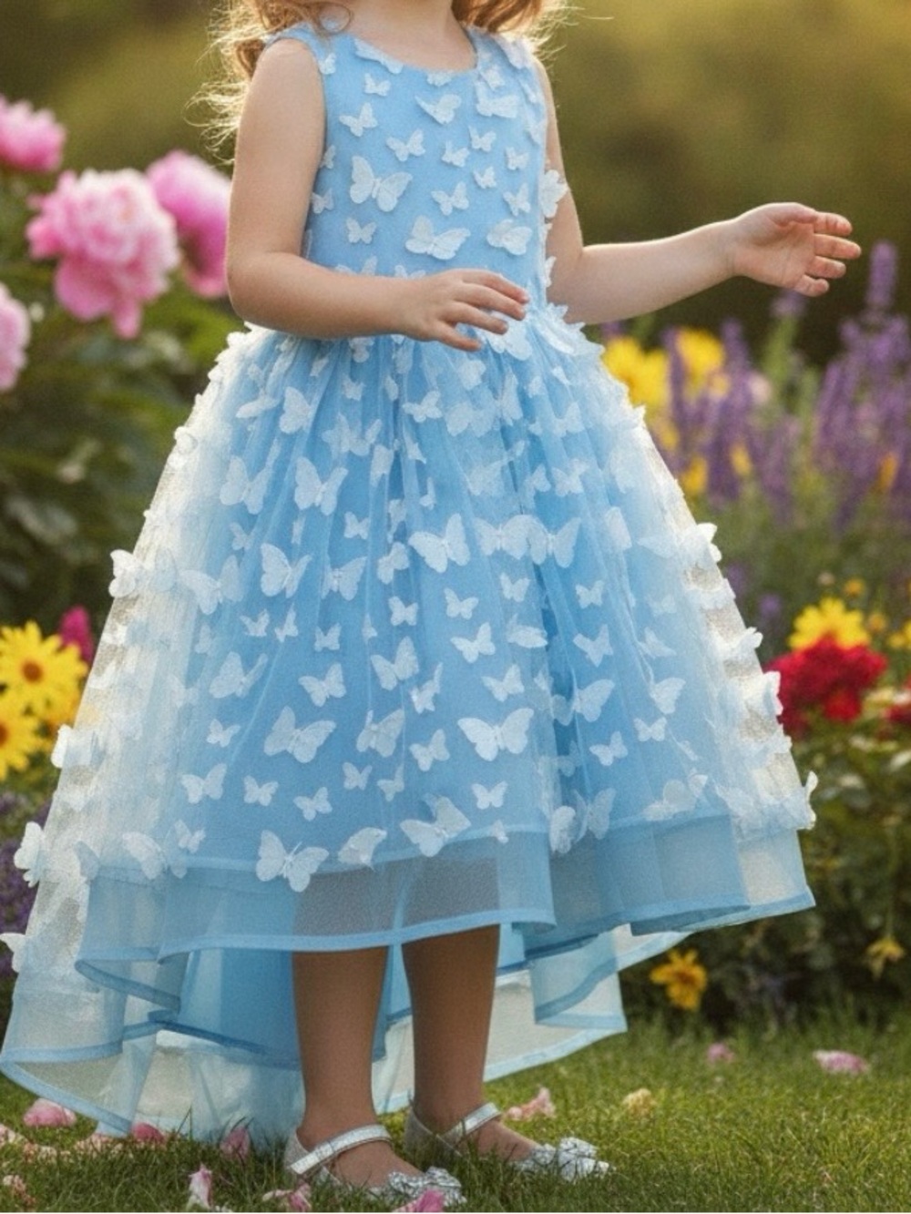 Blue Butterfly Appliqué Formal Dress for Girls Its condition is very good.